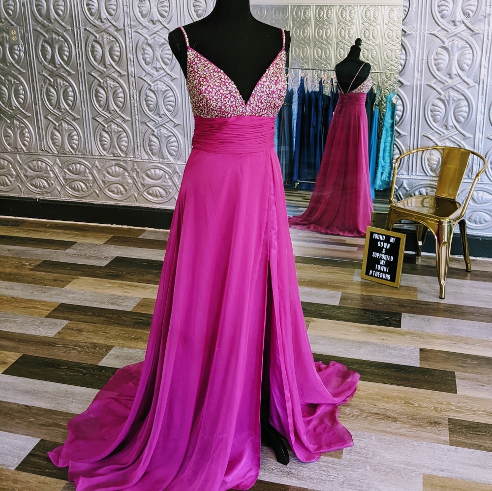 Mac Duggal Fuscia Beaded Dress (Size 14)